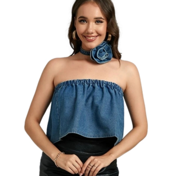 Denim Rose Tube Top & Choker Set – Y2K Vibes! OS - Picture 1 of 5